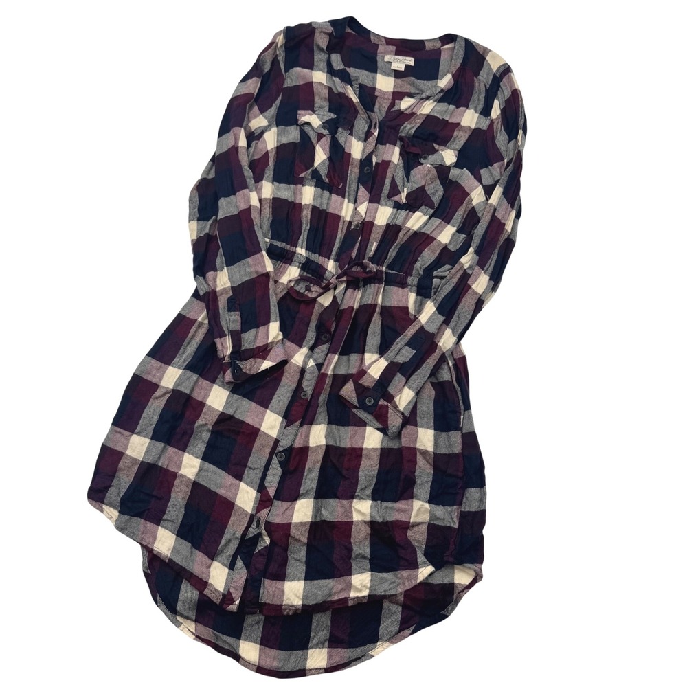 Lucky Brand Women Burgundy Navy Plaid Drawstring Waist Shirt Dress Large